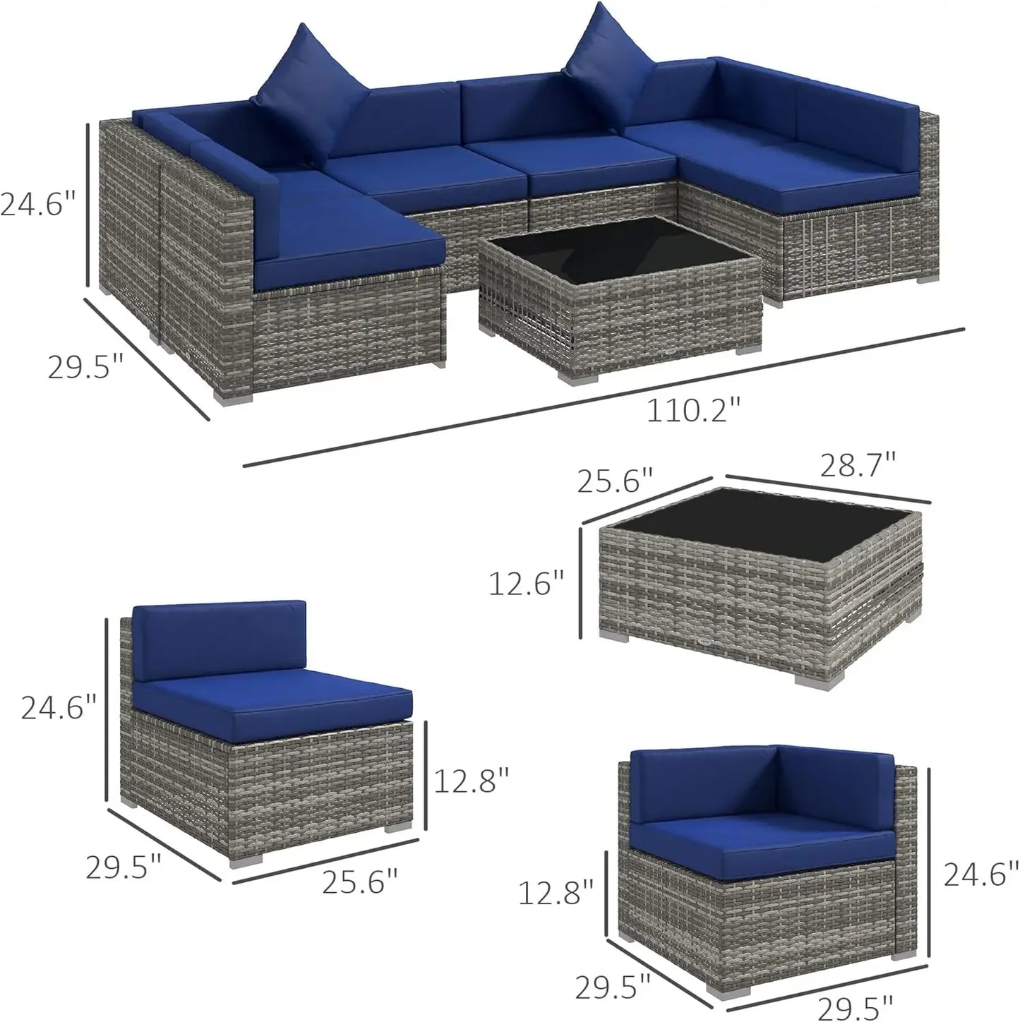 7-Piece Patio Furniture Set, Outdoor Wicker Conversation Set, All Weather PE Rattan Sectional Sofa Set with Glass Table, Pillows
