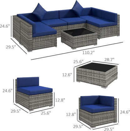 7-Piece Patio Furniture Set, Outdoor Wicker Conversation Set, All Weather PE Rattan Sectional Sofa Set with Glass Table, Pillows