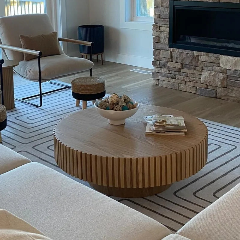 Round Coffee Table for Living Room Contemporary Wood Circle Fluted Coffee Table for Apartment, Easy Assembly - HOME