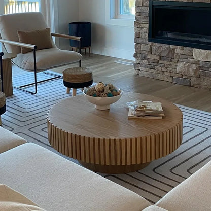 Round Coffee Table for Living Room Contemporary Wood Circle Fluted Coffee Table for Apartment, Easy Assembly - HOME
