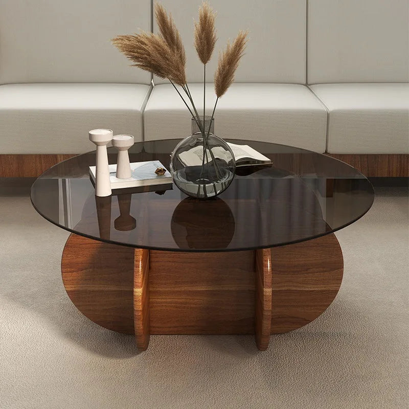 Table basse en verre de luxe légère, moderne, simple, petit appartement, salon, ronde, bois massif, maison, design créatif, table d'appoint de canapé