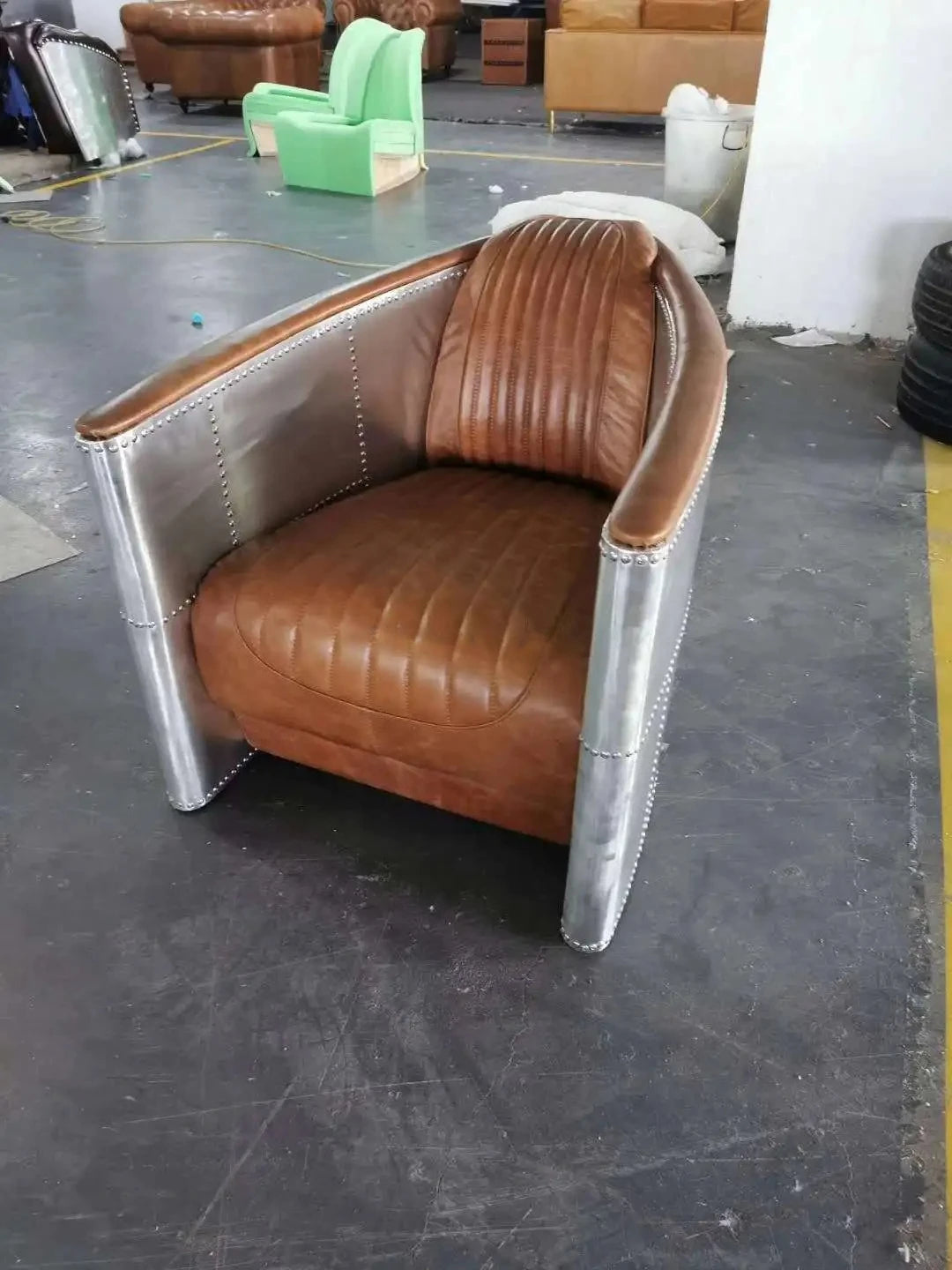 American Vintage Distressed Leather Armchair Hotel Sofa Accent Chair Aluminium Armrest Loft Aviation Chairs Aviation Furniture