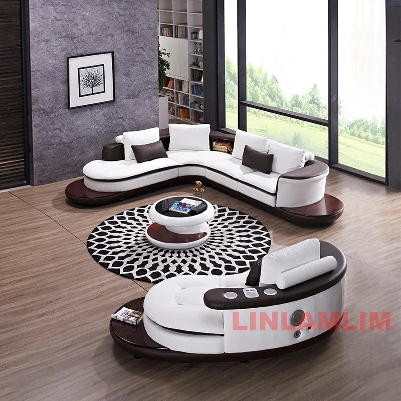 Modern Luxury Genuine Leather Sectional Sofa Set with Speaker and USB, U-Shaped Design Living Room Couch with Storage Shelves