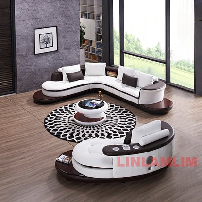 Modern Luxury Genuine Leather Sectional Sofa Set with Speaker and USB, U-Shaped Design Living Room Couch with Storage Shelves