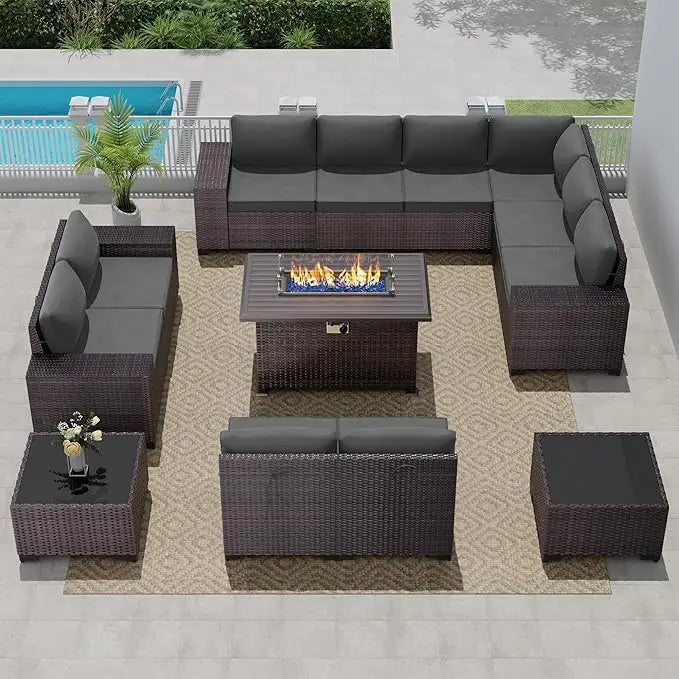 "13-piece propane fire pit patio furniture set with sectional sofa and conversation area"