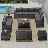 "13-piece propane fire pit patio furniture set with sectional sofa and conversation area"