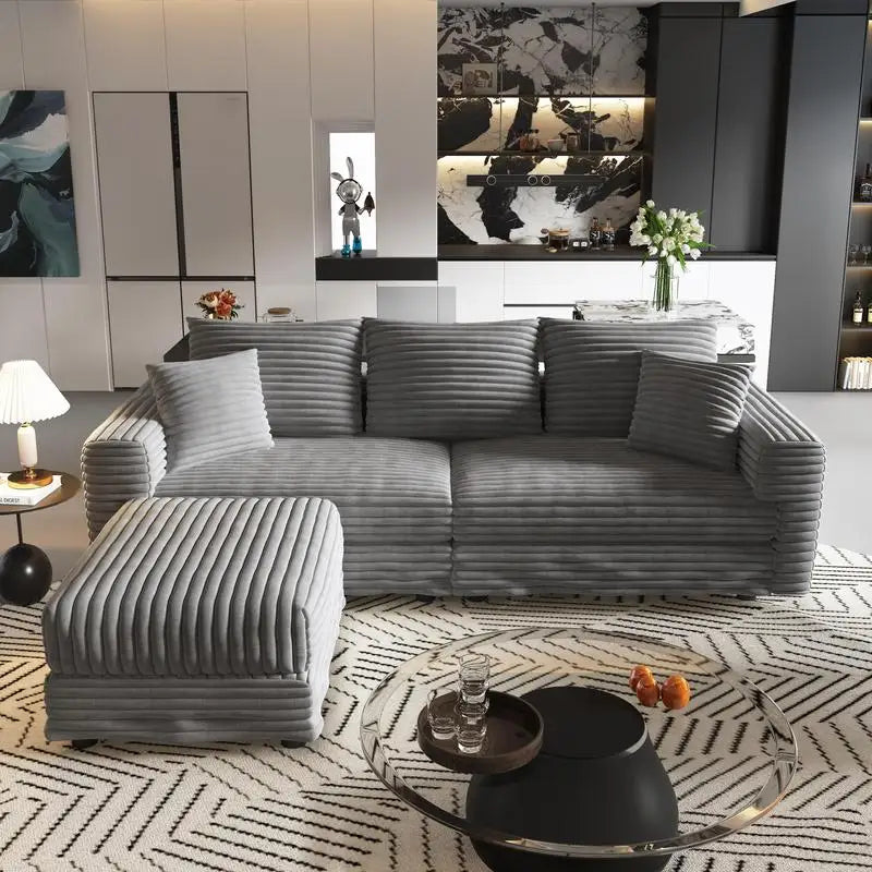 82.7-inch Modern Plush Corduroy 3-Seat Sofa, Comfortable Upholstered Cloud Couch with Soft Pillows and 3 Ottomans, Convertible