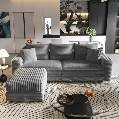 82.7-inch Modern Plush Corduroy 3-Seat Sofa, Comfortable Upholstered Cloud Couch with Soft Pillows and 3 Ottomans, Convertible