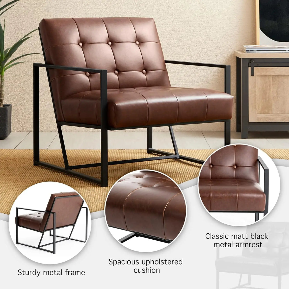 Mid Century Modern Accent Chair, Modern Living Room Chairs with Durable Metal Frame,PU Leather Cushioned, Reading, Customized