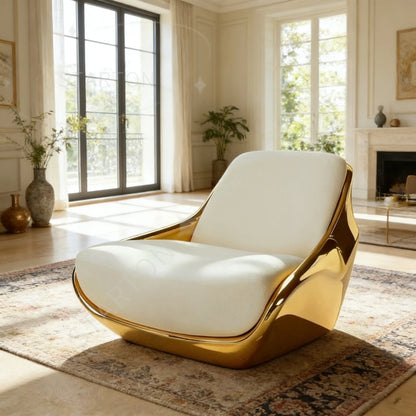 High-End Glamorous Accent Chair with Gold Fiberglass and White Upholstery for Upscale Home Interiors