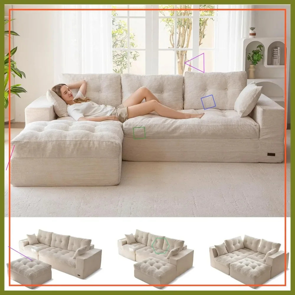 104" L-Shaped Modular Sectional Sofa with Ottoman, Cloud Couch, No Assembly, Beige for Living Room