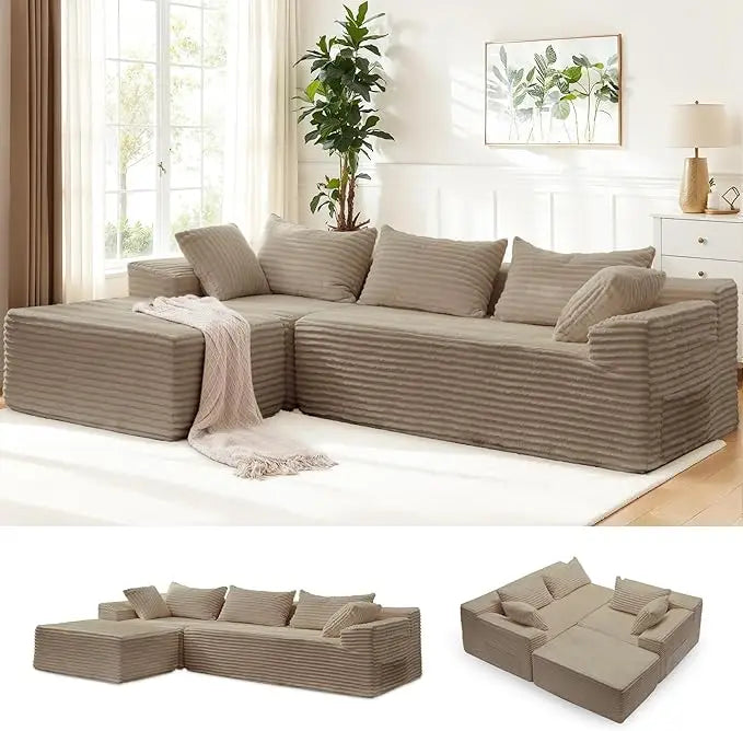 L-Shaped Modular Couch, Cloud-Soft Corduroy Sectional Sofa with Deep Seating and Pockets, Ready to Use in Living Room,Customized