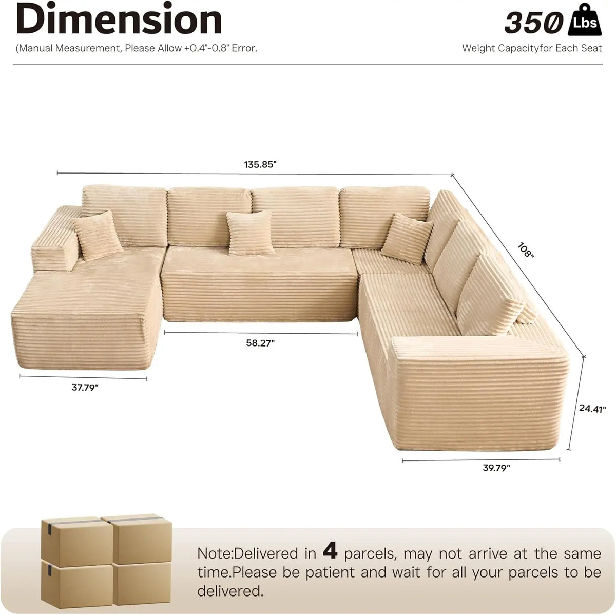 U Shaped Sofa Boneless Couch with Chaise 135