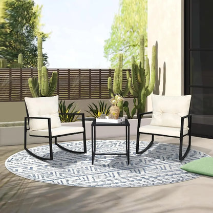 Curated Design 3 Piece Outdoor Rocking Bistro Set Black Wicker Furniture Porch Chairs Conversation Sets with Glass Coffee Tab