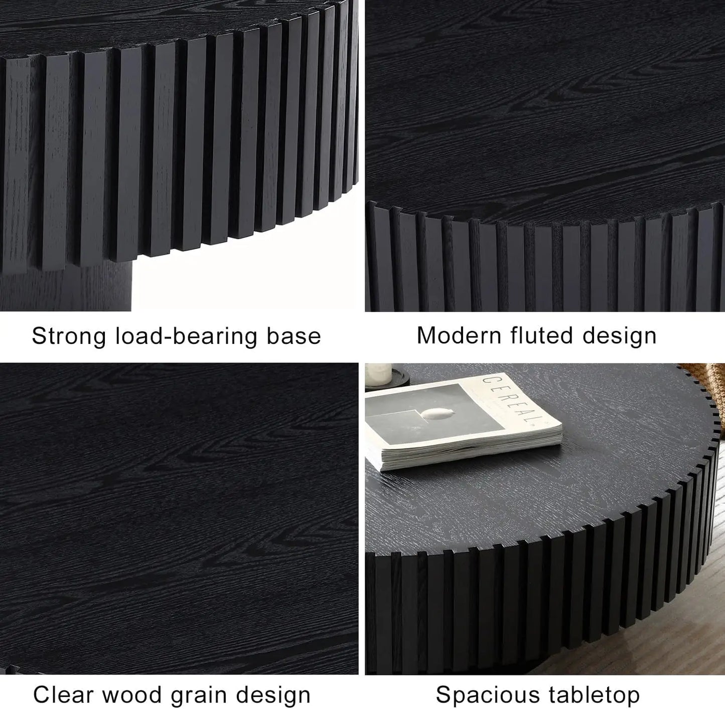 Modern Wooden Coffee Table Round Black with Solid Wood Veneered, Circle Center Table Accent Tea Table for Living Room Apartment