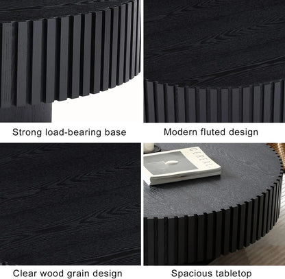 Modern Wooden Coffee Table Round Black with Solid Wood Veneered, Circle Center Table Accent Tea Table for Living Room Apartment