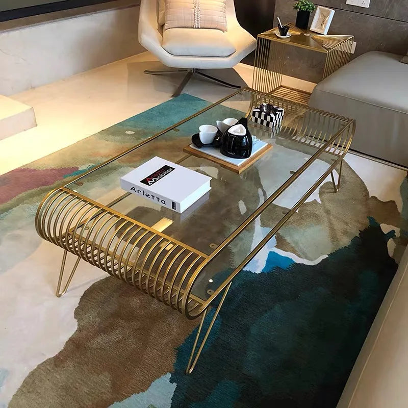 Modern Nordic Living Room Wrought Iron Rectangular Coffee Table Glass Coffee Table Set
