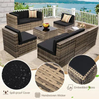 QAZ8-Q8 pieces outdoor Wicker rattan patio sectional furniture set.glass top table with hidden storage.7 sofa sections.oversized