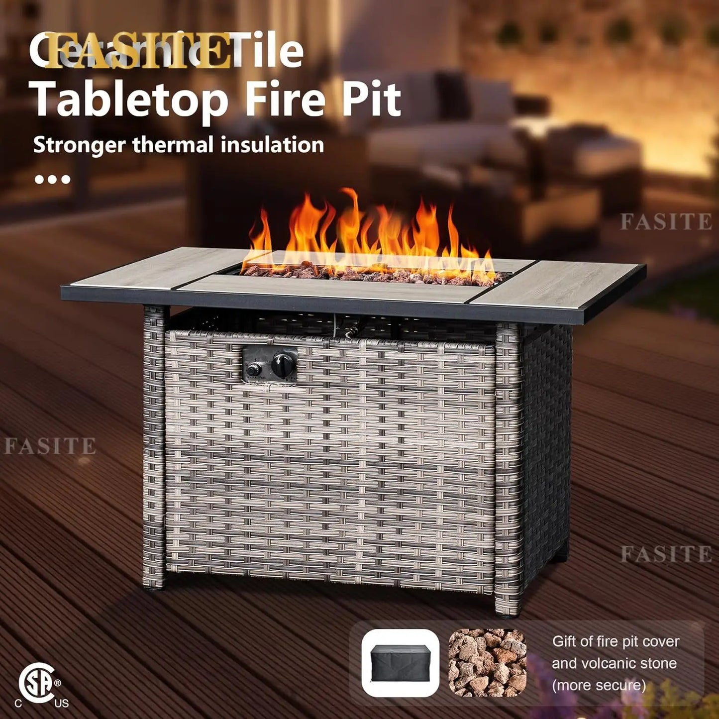 50,000 BTU Rectangular Propane Fire Pit Table 7-Piece High-Back Conversation Sofa and Matching Side Table,Grey Rattan Denim Blue