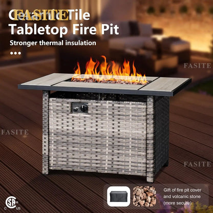50,000 BTU Rectangular Propane Fire Pit Table 7-Piece High-Back Conversation Sofa and Matching Side Table,Grey Rattan Denim Blue