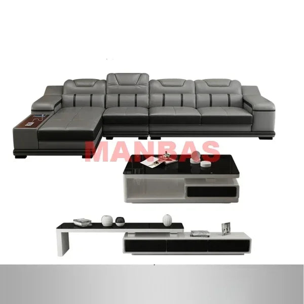 L-Shaped Modern Sectional Sofa Set with Chaise, Genuine Leather Reclining Couch with USB Charging Ports & Cup Holders, Couch Set