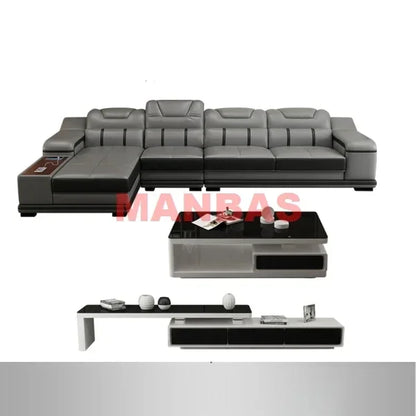 L-Shaped Modern Sectional Sofa Set with Chaise, Genuine Leather Reclining Couch with USB Charging Ports & Cup Holders, Couch Set
