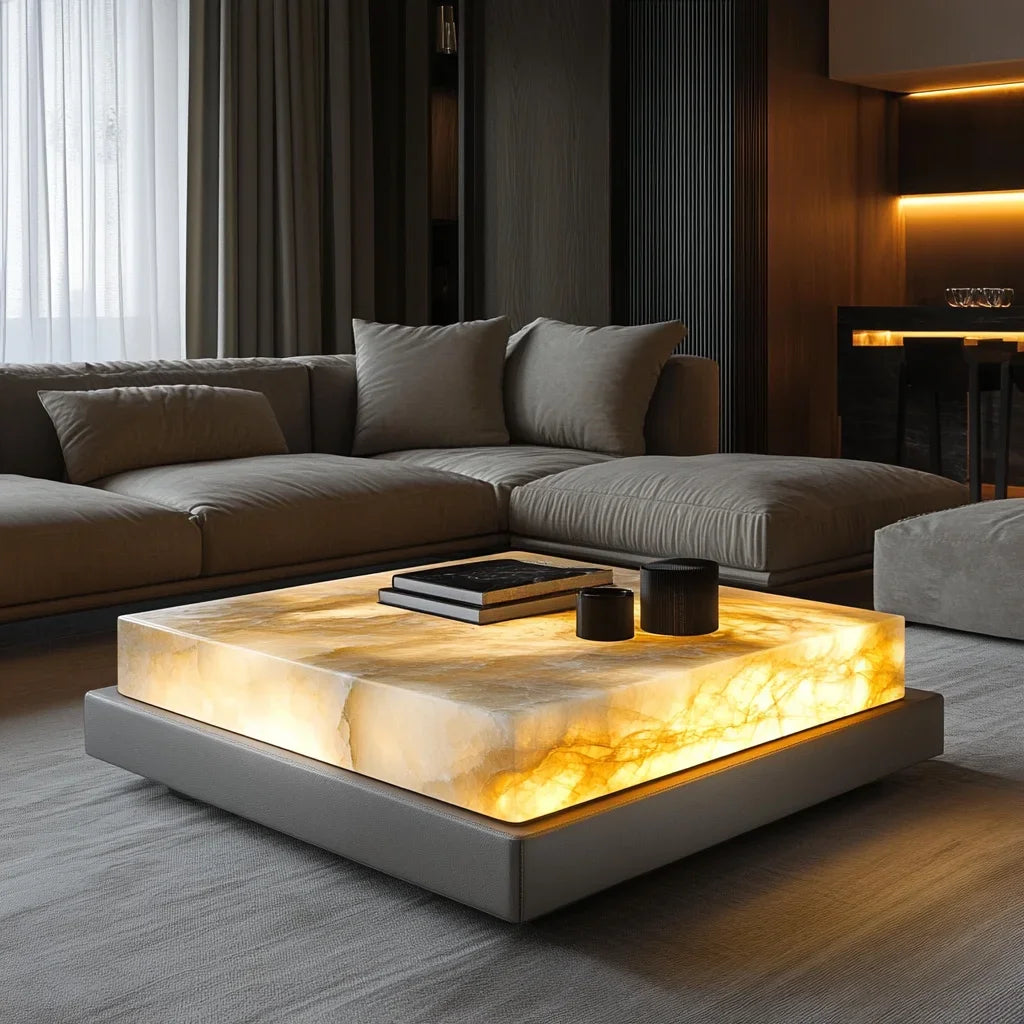 Square luxury stone leather luminous jade coffee table large flat-floor villa living room modern marble