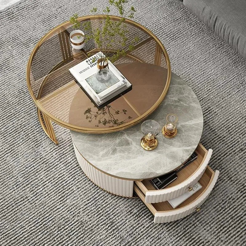 a163  round Glass Stone Plate Coffee Table Modern Minimalist Living Room Home Retractable Size Combination
