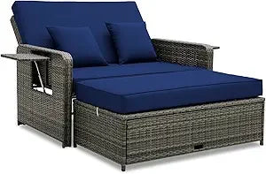 Wicker Patio Outdoor Daybed - Rattan Day Bed Lounger with Loveseat & Storage Ottoman, Sunbed Sofa Set w/Cushions, 4-Level Adjus