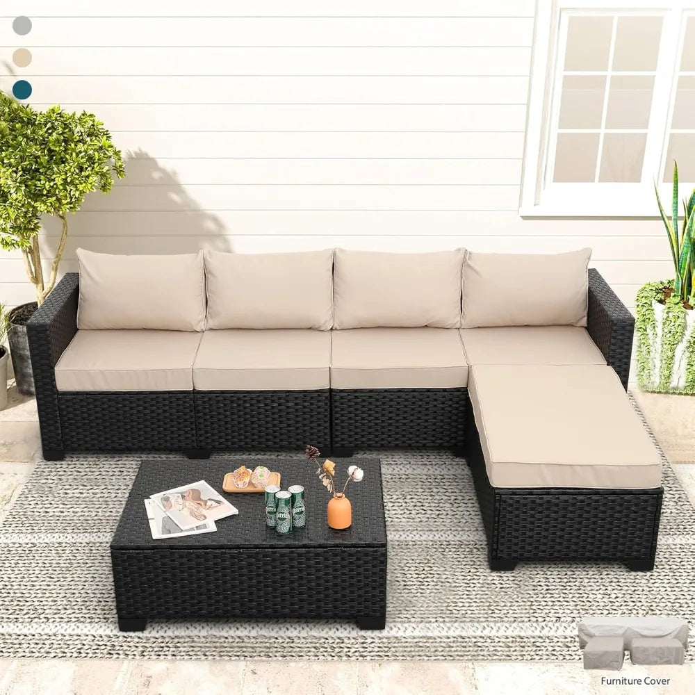 Outdoor Sectional Wicker Patio Furniture Long Patio Couch with Ottoman and Outdoor Storage Table 4 Pieces Patio Furniture Set