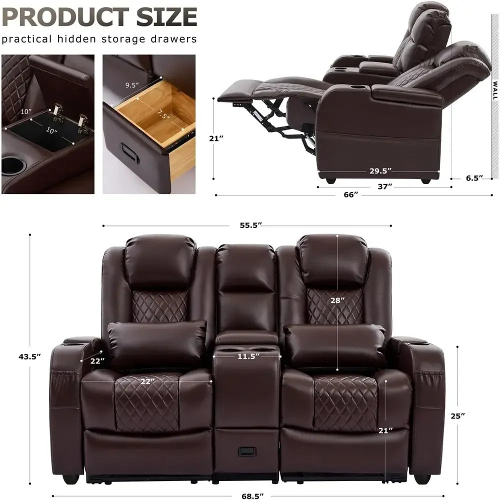 Brown Leather Loveseat Recliner with Double Recline, Center Console, and 2 Pillows for Comfortable Seating