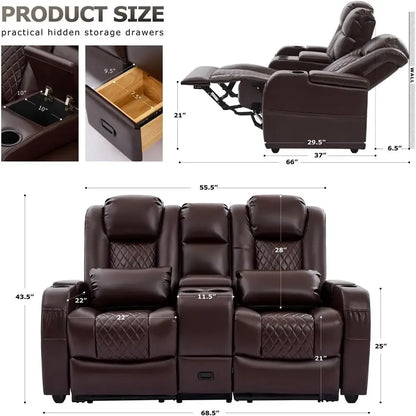 Brown Leather Loveseat Recliner with Double Recline, Center Console, and 2 Pillows for Comfortable Seating