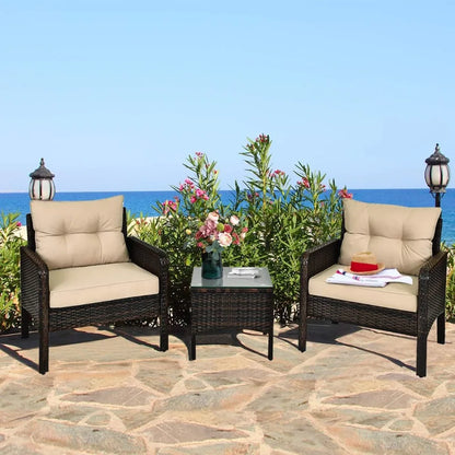 3 Pieces Patio Furniture Set Outdoor Rattan Wicker Coffee Table & Chairs Set with Seat Cushions Patio Conversation