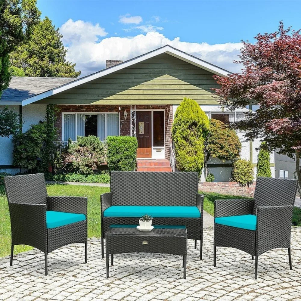4 Pcs Patio Rattan Cushioned Sofa Furniture Set With Tempered Glass Coffee Tabl