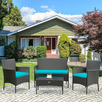 4 Pcs Patio Rattan Cushioned Sofa Furniture Set With Tempered Glass Coffee Tabl