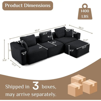 112" Sectional Couch with Movable Ottoman, Modern Corduroy Cloud Sofa Set with Deep Seat, Convertible L-Shape Boneless Couch for