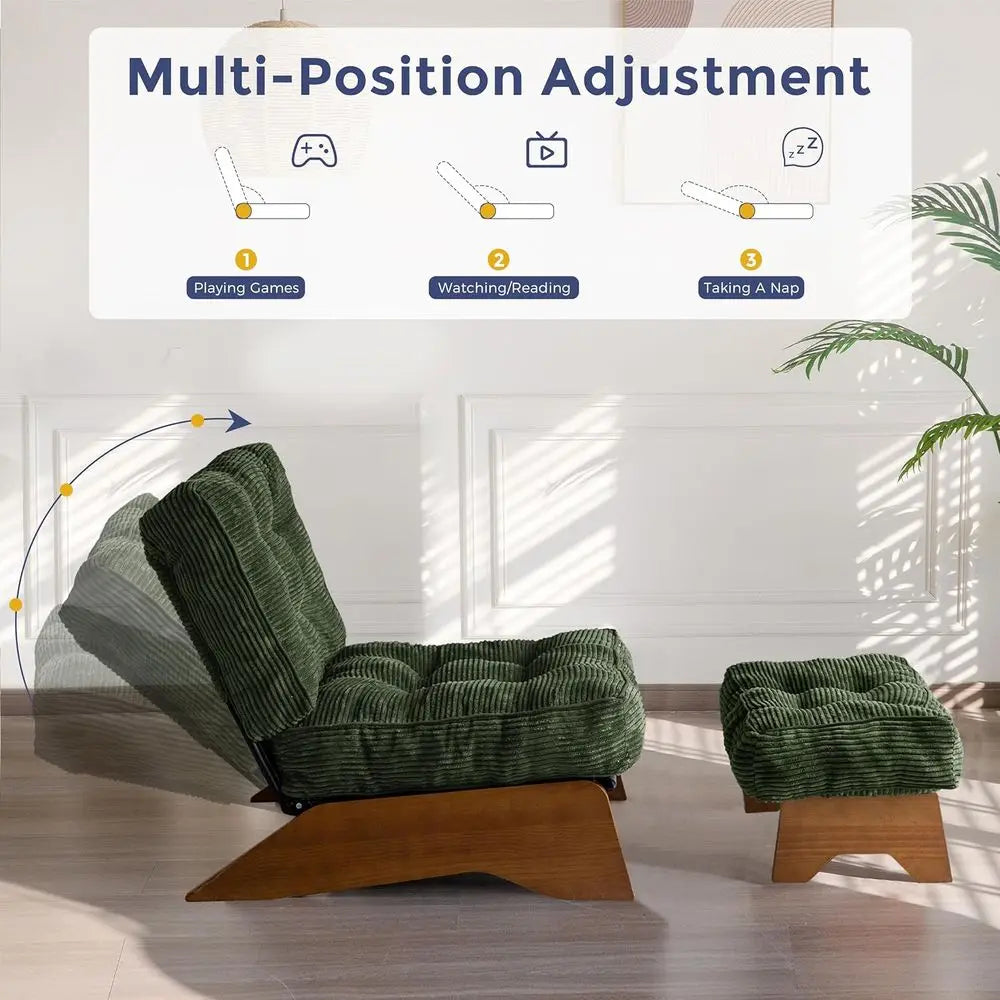 Green Upholstered Adjustable Reclining Chair with Ottoman for Living Room and Reading