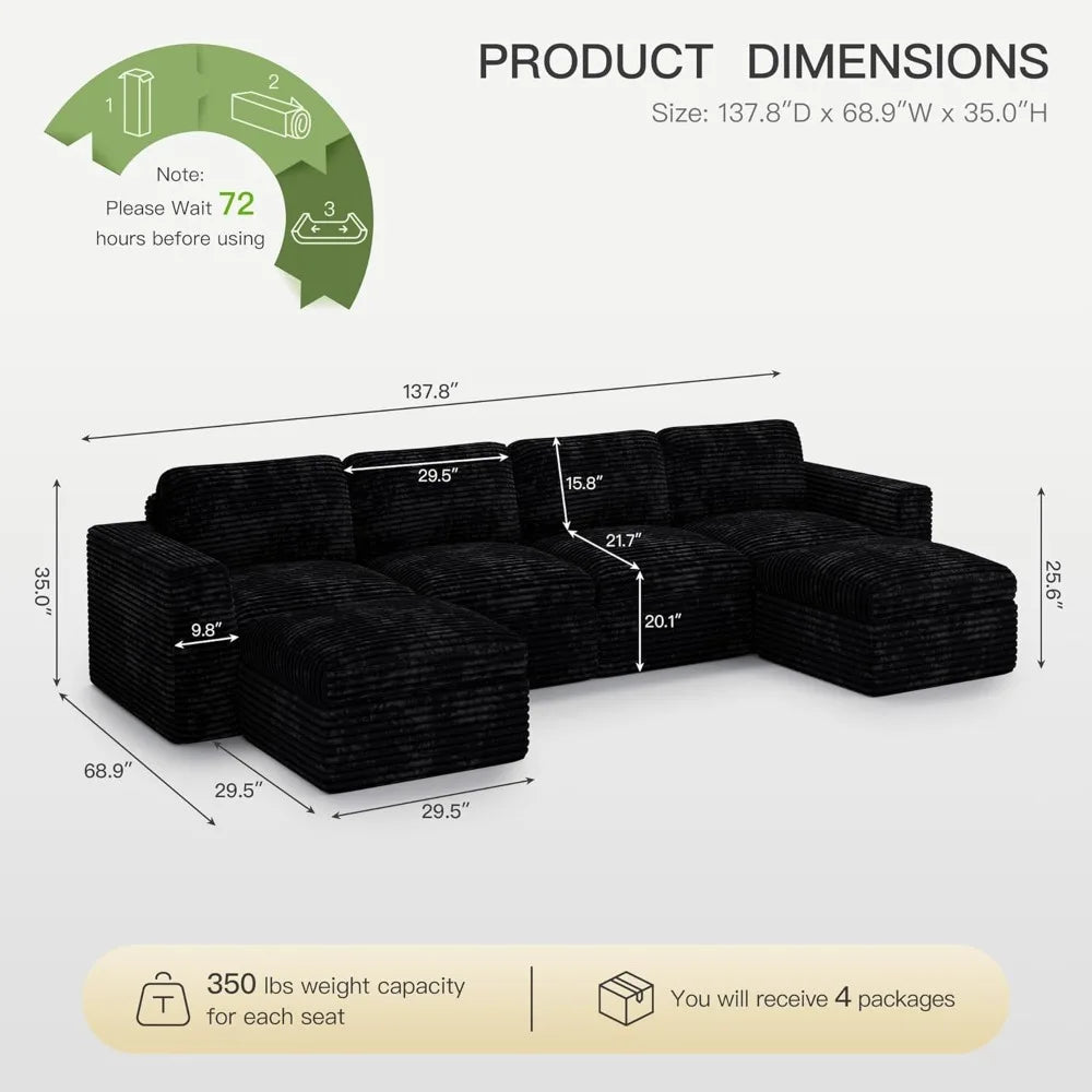 Cloud Sectional Couches for Living Room Plush Corduroy U Shaped Boneless Modular Sectional Sofa with Deep Seat. Black Couch