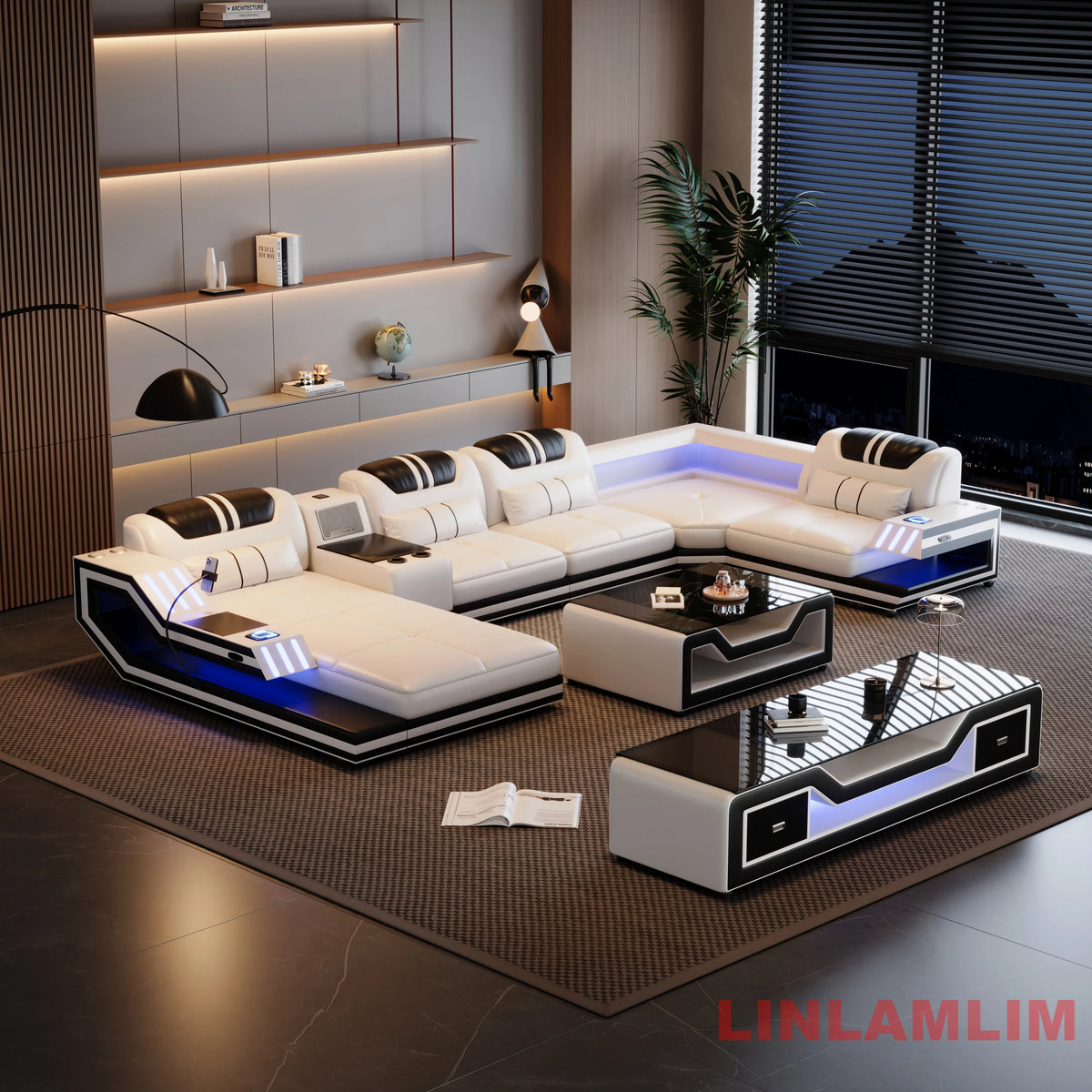 Convertible Genuine Leather Sectional Sofa Bed with Adjustable Headrests, Electric Recliners, Storage, Speakers, USB & LED Light