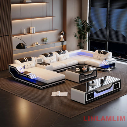 Convertible Genuine Leather Sectional Sofa Bed with Adjustable Headrests, Electric Recliners, Storage, Speakers, USB & LED Light