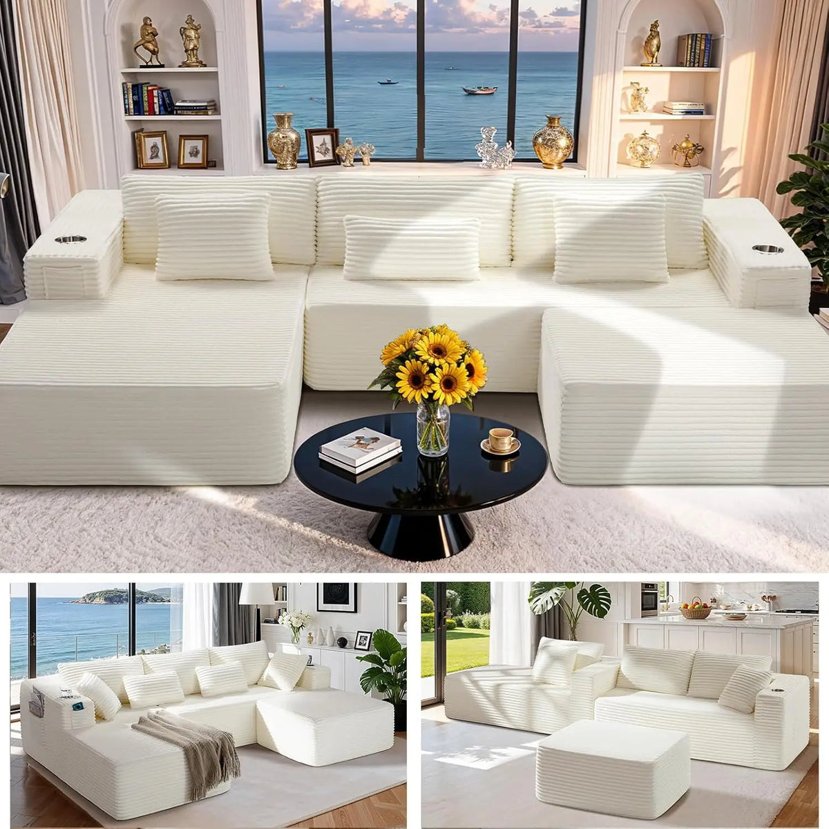 U-shaped Modular Sofa: Modern Minimalist Corduroy, No Assembly, Comfortable Living/Bedrooms (Black)