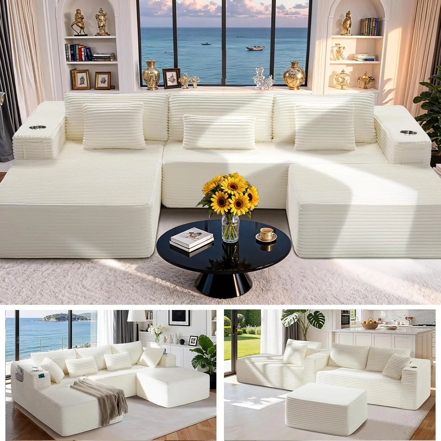 U-shaped Modular Sofa: Modern Minimalist Corduroy, No Assembly, Comfortable Living/Bedrooms (Black)