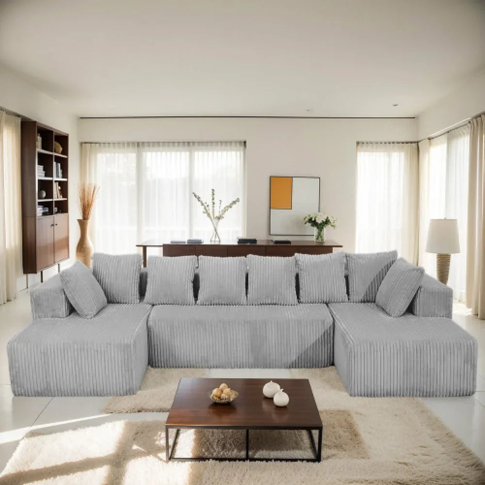 Customizable U-Shaped Sectional Sofa,130-inch 4-Seater Chaise Lounge with Striped Corduroy Fabric  Customizable Living Room or B