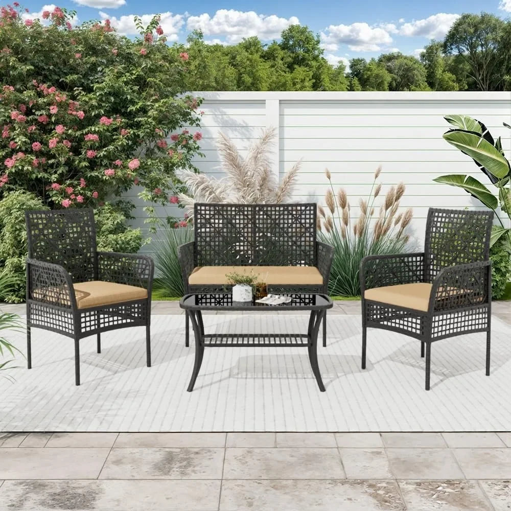 4 Piece Patio Furniture Set, Outdoor Wicker Chairs Rattan Conversation Sets with Cushions and Glass Coffee Table for Porch Garde