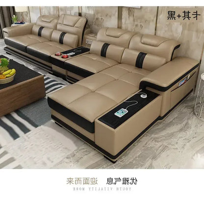 durable Living Room Sofa set corner sofa speaker real genuine cow leather sectional sofas nordic L shape bluetooth headrest func