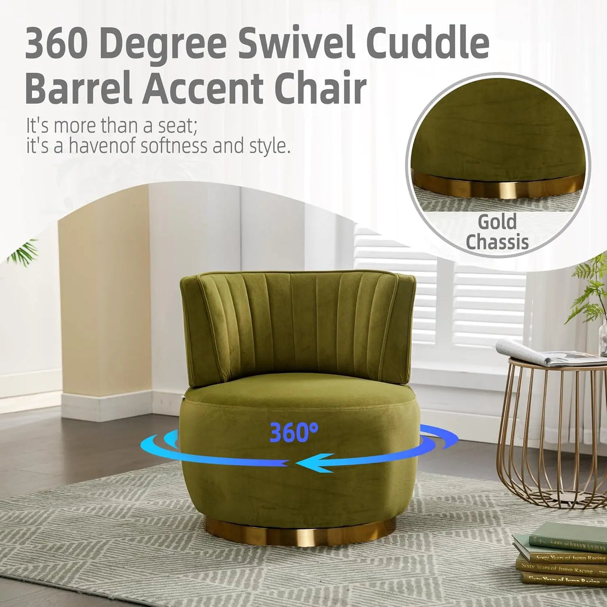 Modern Velvet Swivel Barrel Chair, 360 Degree Plush Upholstered Round Armchair with Wide Seat, Cozy Lounge Chair, Customized