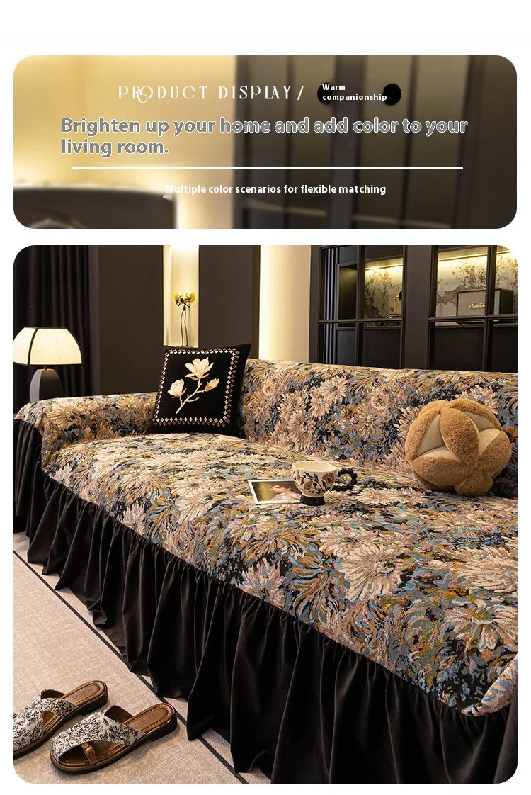 Sofa Cover with Ruffle Elegant Black Reversible for 2/3/4 Seater Couch Stretchable Slipcover Protector All Season Couch Blanket