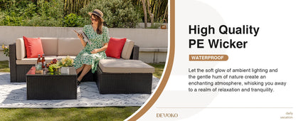 ts All Weather Outdoor Sectional Patio Sofa Manual Weaving Wicker Rattan Patio Seating Sofas with Cushion and Glass Table (Beige