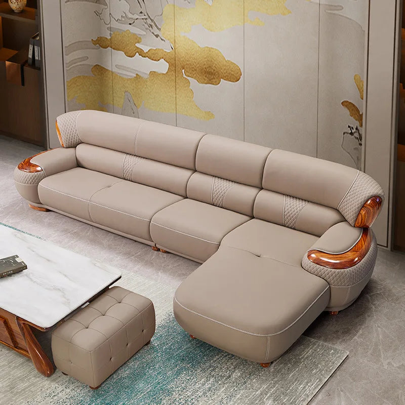 Modern new Chinese ebony leather sofa high-end villa solid wood first layer cowhide European living room luxury furniture