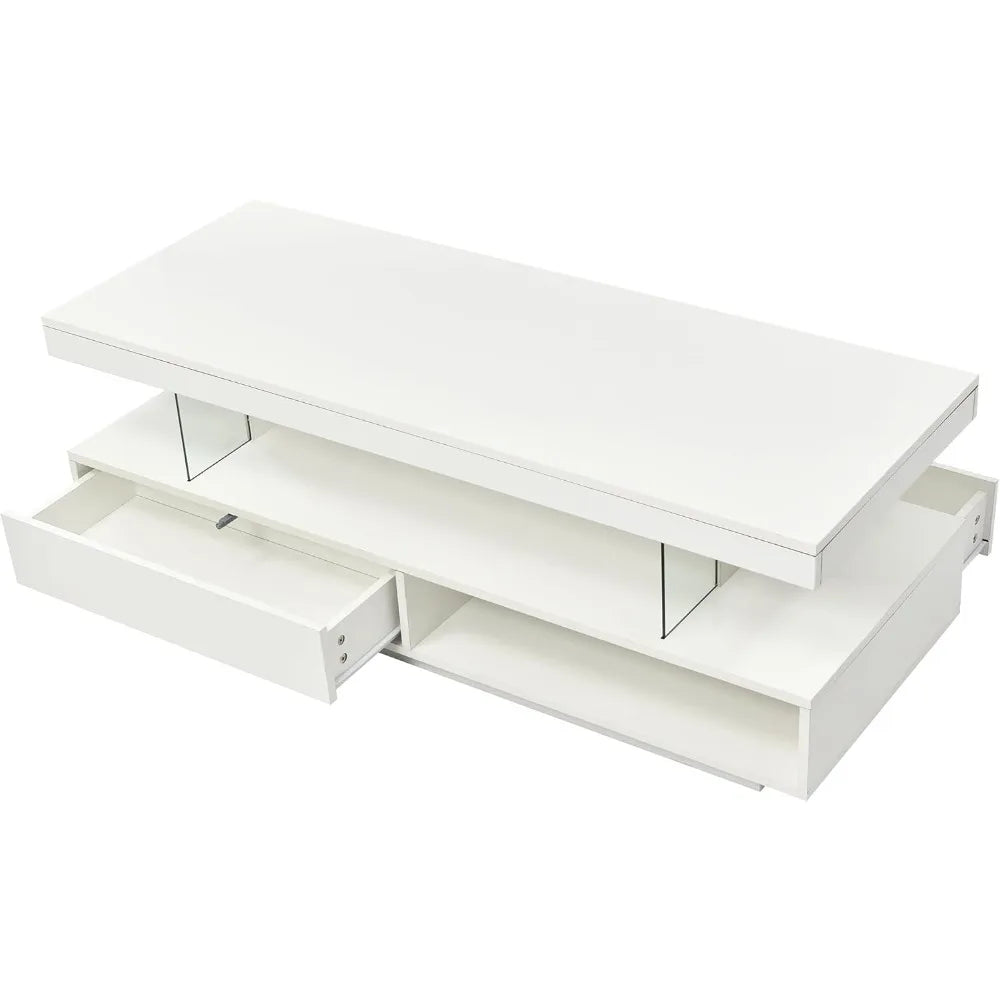 Modern LED Coffee Table with Storage, High Gloss Cocktail Center Table with Drawers